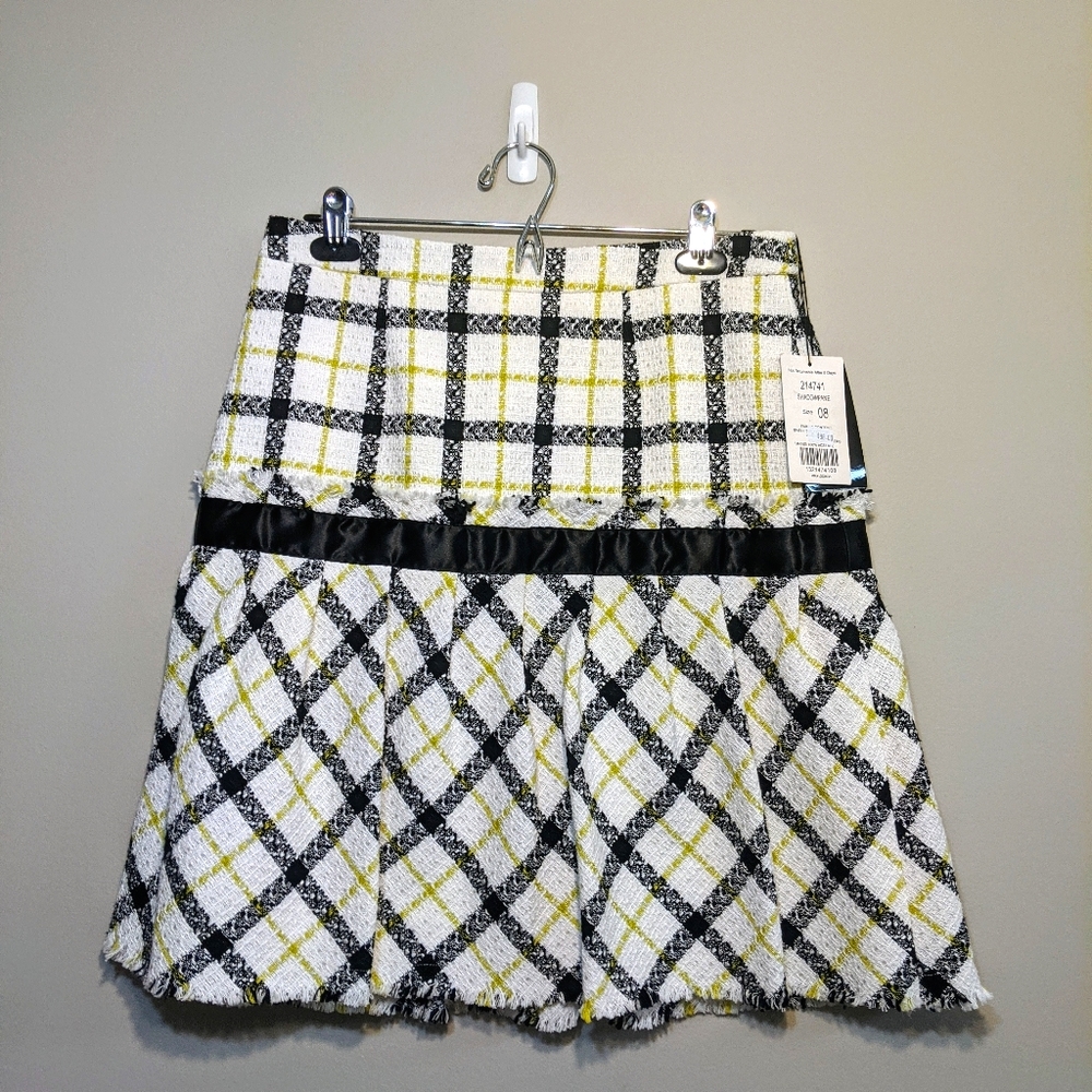 NWT black and white tweed pleated skirt ribbon trim